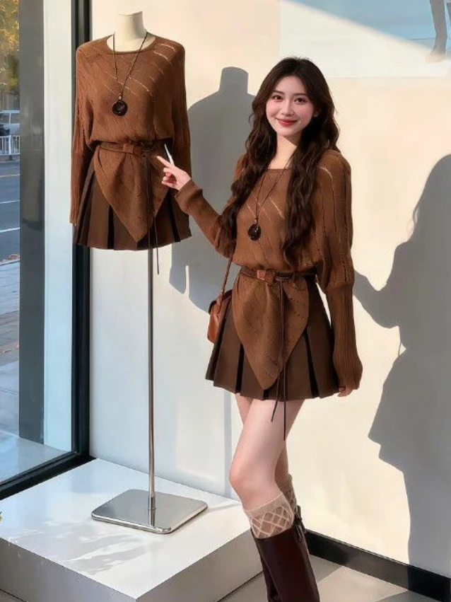 韩系早秋镂空针织不规则收腰长袖针织上衣+百褶半身短裙两件套潮