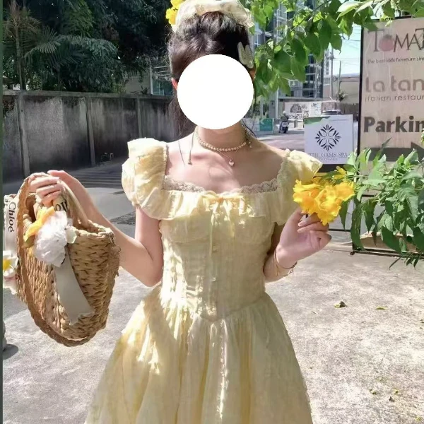 2025夏季新款大码女装时尚显瘦减龄甜美风方领拼蕾丝边连衣裙