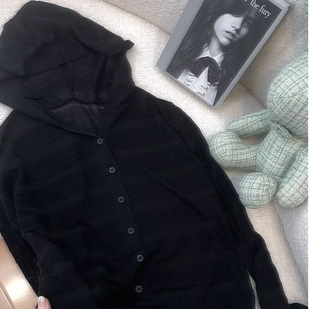 丽丽家~镂空帽衫黑长袖时尚休闲百搭连帽开衫上衣450