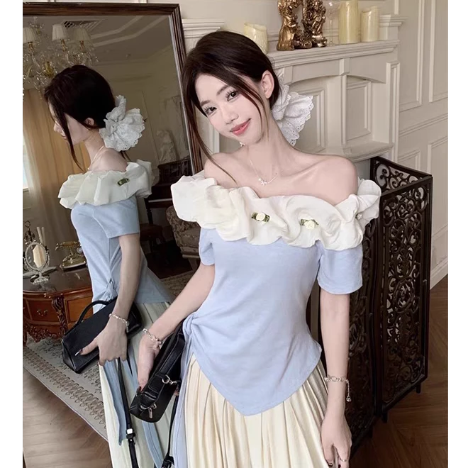 立体花朵一字肩短袖t恤女夏季设计感小众绑带修身显瘦不规则上衣