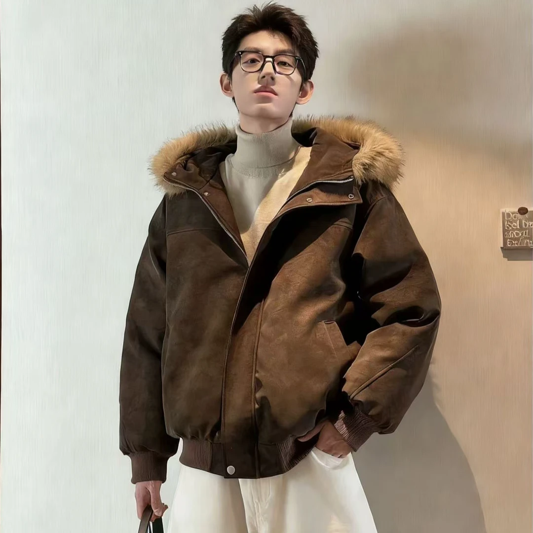 连帽毛领pu棉衣毛领潮牌男外套棉服加厚宽松大毛领美式时尚