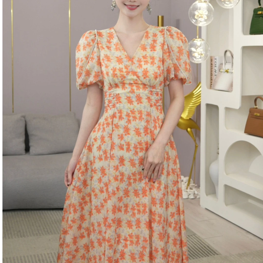 现货2025夏季新款【Q23-X42 】法式气质女装小众碎花收腰显瘦连衣裙