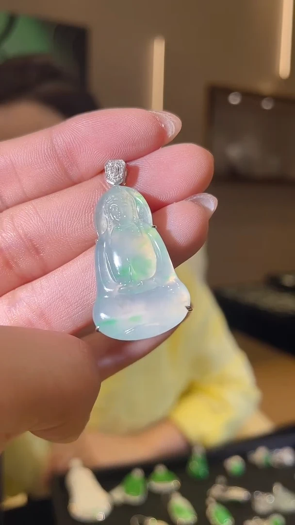 翡翠18K金镶嵌吊坠(不含链)天然翡翠A货