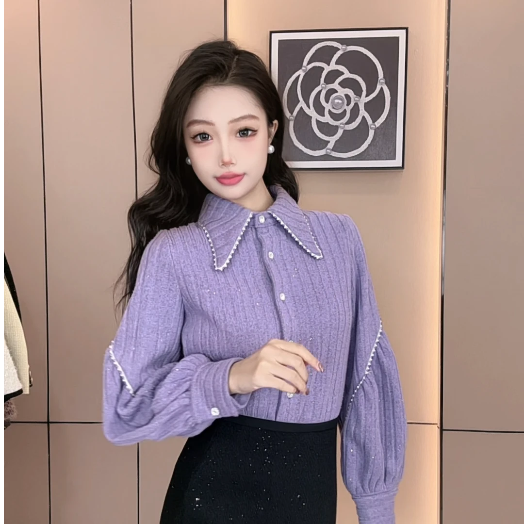 秋冬紫色新款加绒加厚重工长袖减龄宽松打底衬衫气质衬衫-3186