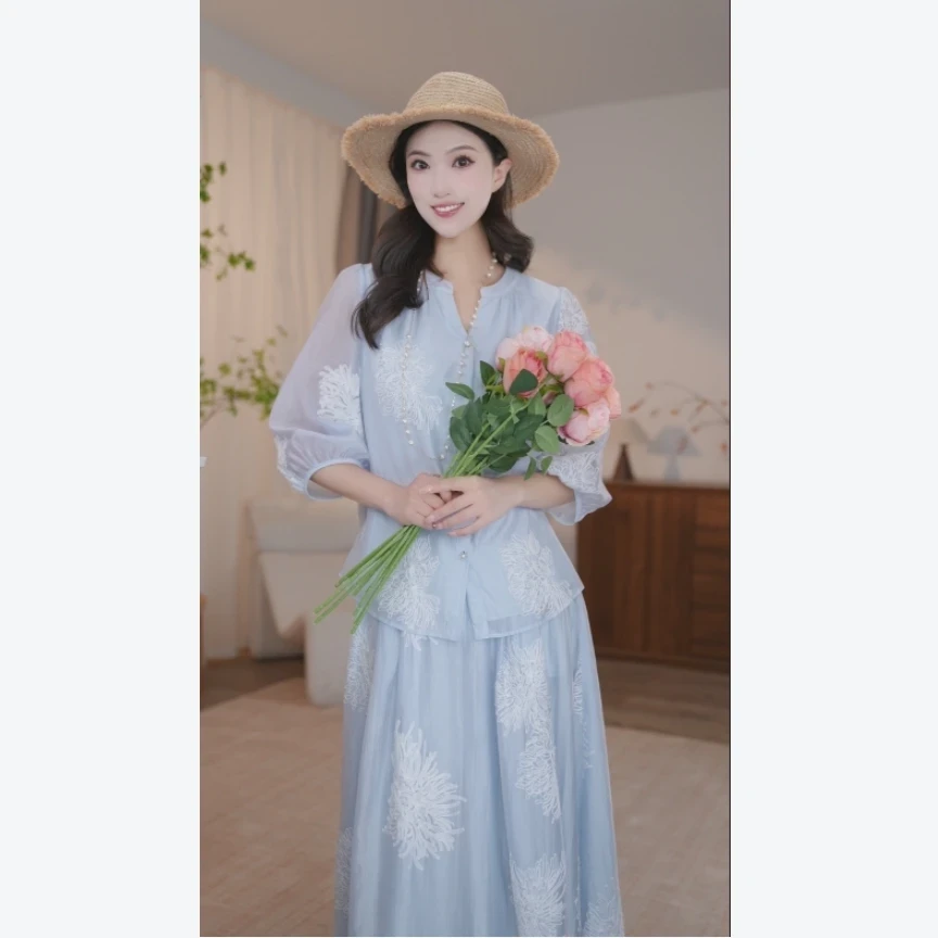 【春兰专属】8592885A浅蓝色衬衫时尚夏季轻熟风通勤法式显瘦衬衣