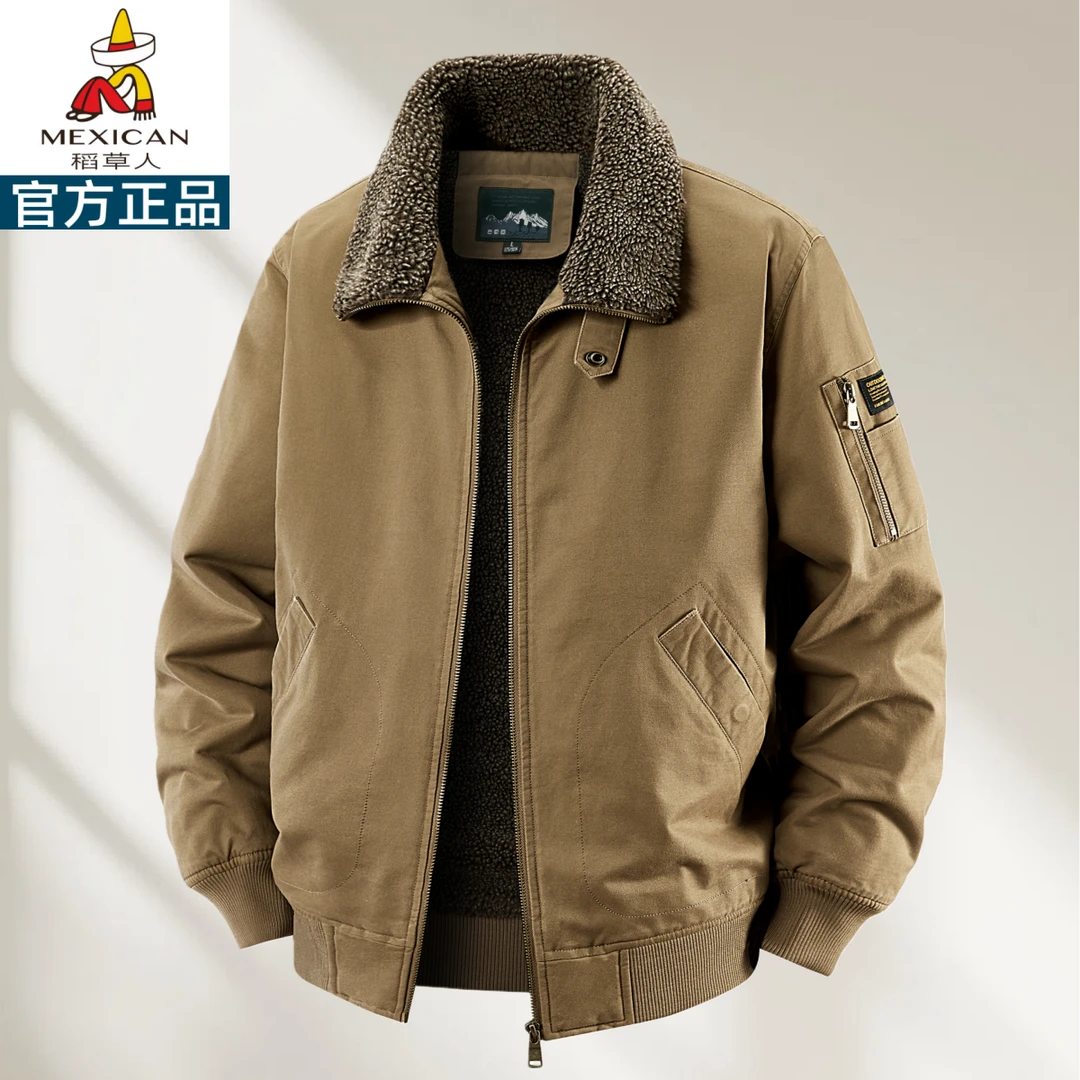 翻领男保暖外套男士秋冬纯棉加绒加厚夹克立领羊羔绒爸爸装棉服