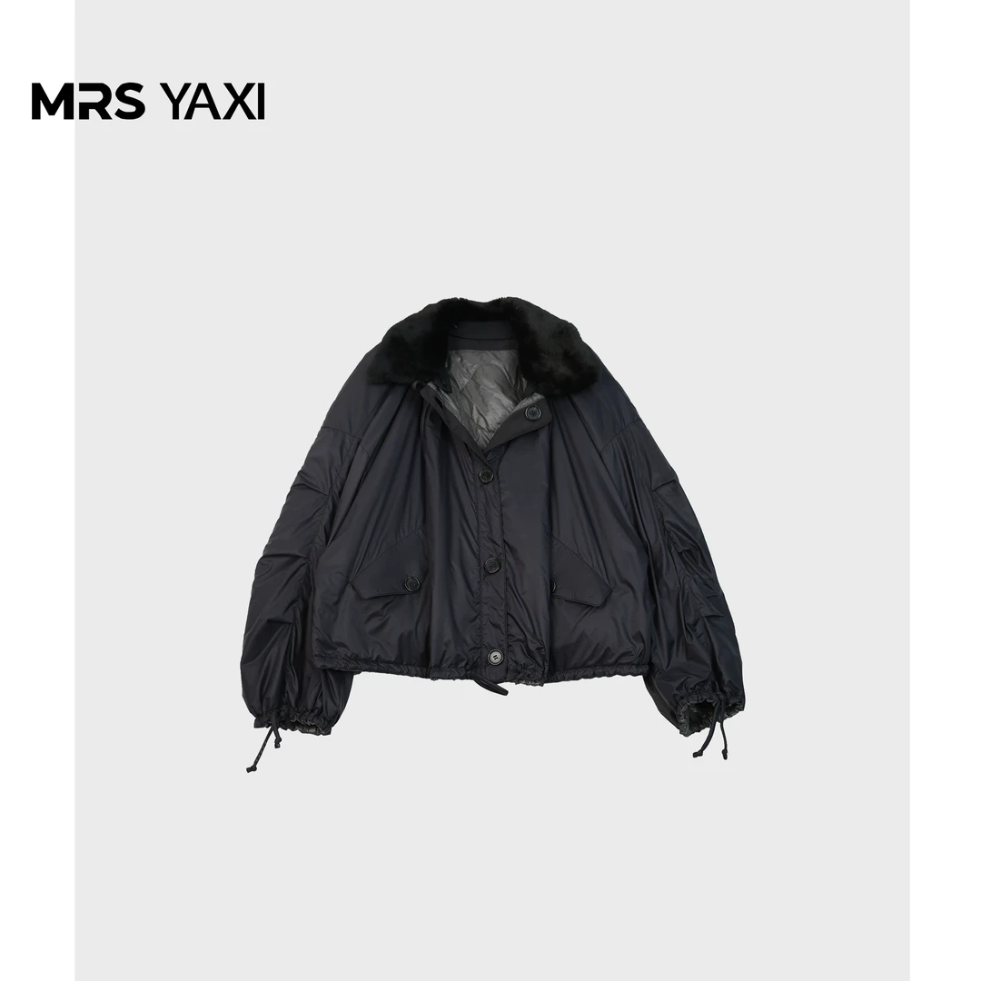 Mrsyaxi小众设计双面穿带毛领抽绳花苞棉服YX4112003