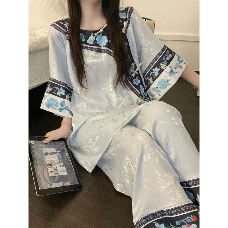 新中式冰丝睡衣女夏款新款高级感国风温婉复古短袖长裤家居服套装