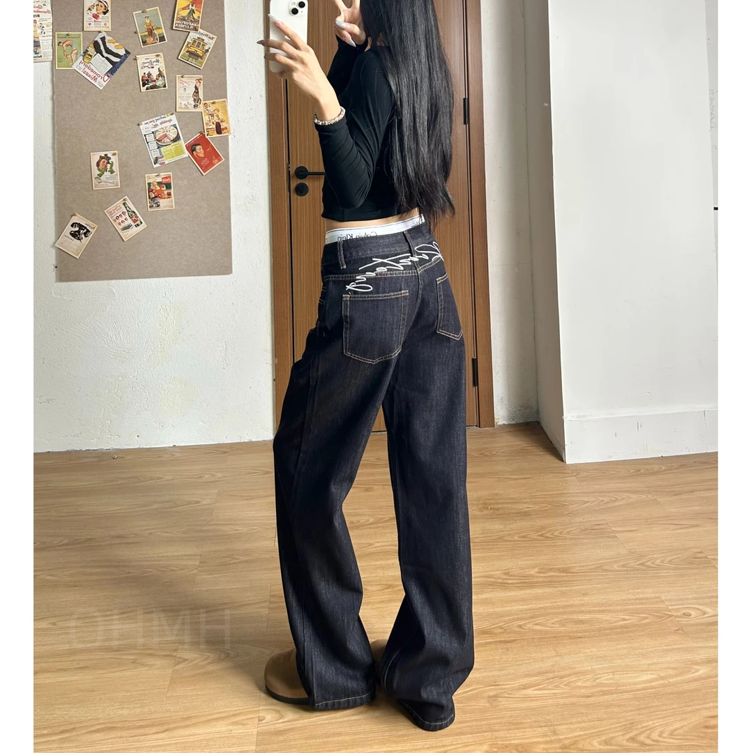 百搭刺绣梨形显瘦牛仔裤女新款秋冬季中腰直筒裤丹宁阔腿牛仔裤子