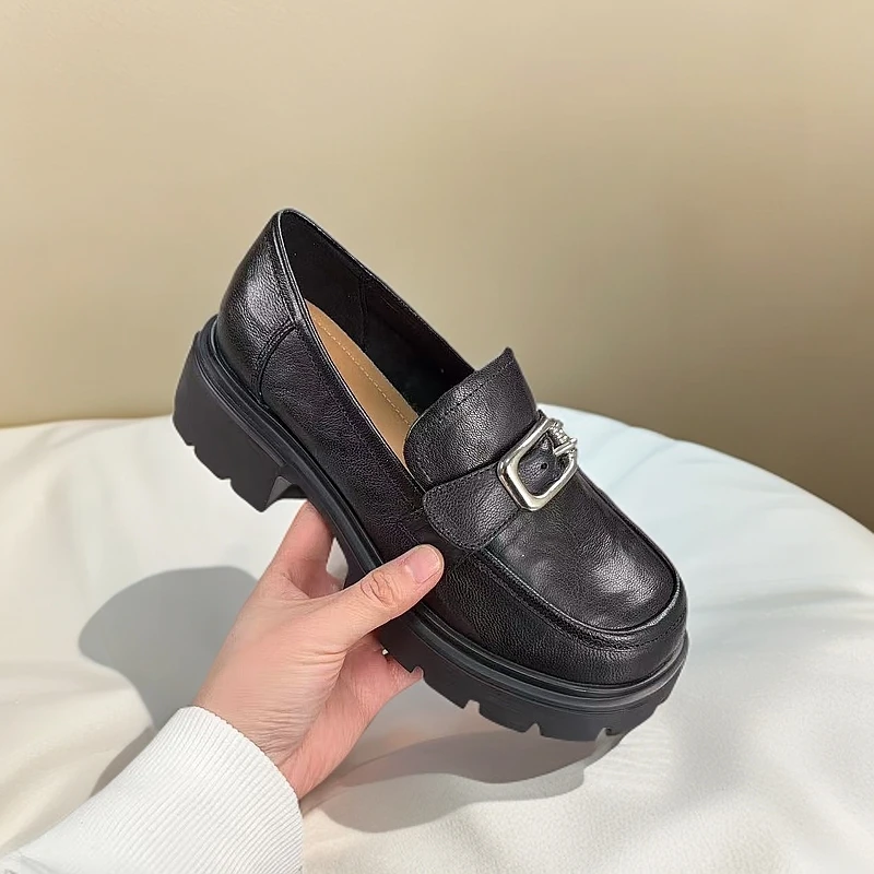 1634-C10-百搭高跟圆头浅口小皮鞋粗跟单鞋女