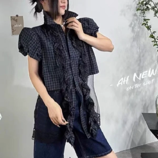 192#2025夏新款时尚洋气Polo领格子单排扣花边拼接网纱百搭衬衫女