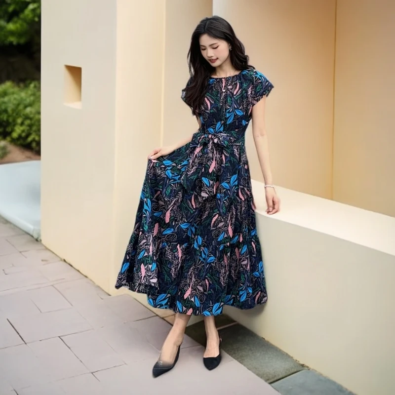 AMAS{专柜阿玛家}商场同款圆领系带收腰印花短袖连衣裙5500533