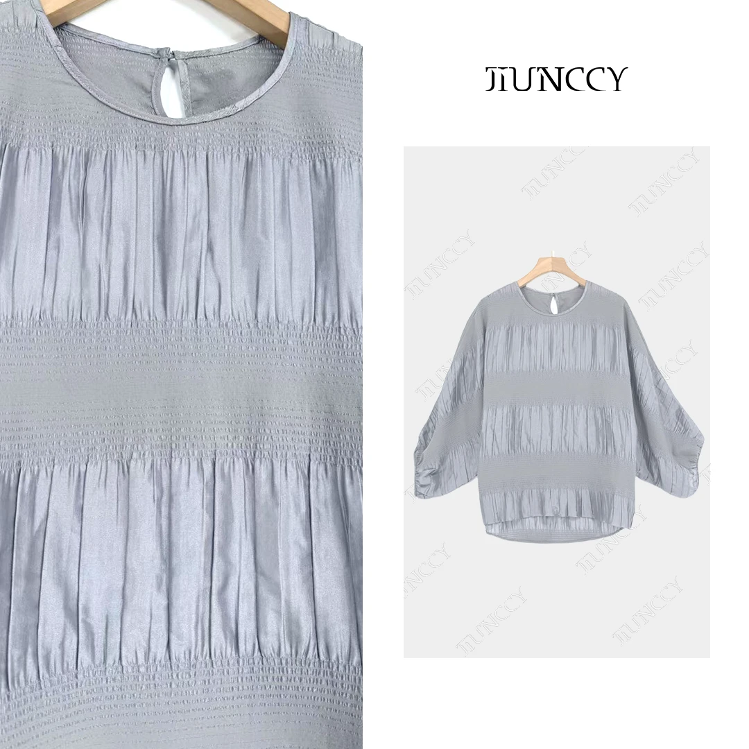 JIUNCCY【冰桥】定制宽条肌理绉桑蚕丝连肩套头中袖上衣 52YCY136