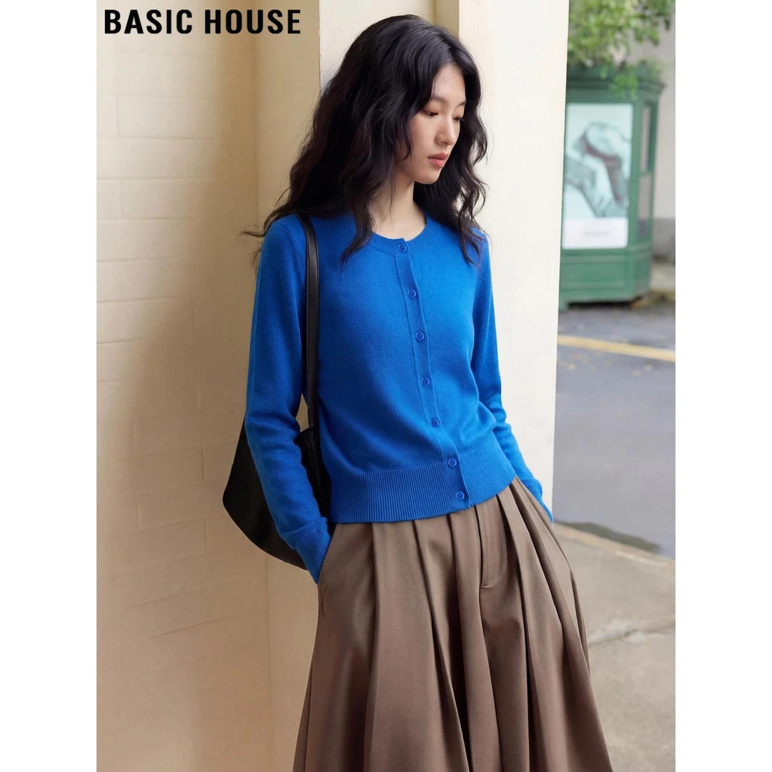 Basic House/百家好气质蓝色圆领长袖针织开衫女春季洋气毛衣外套