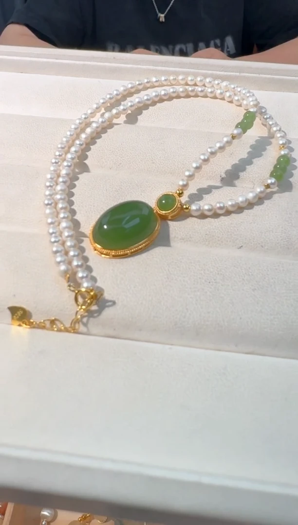 【闪购商品】淡水珍珠手绳银S925镶嵌珍珠碧玉蛋面项链