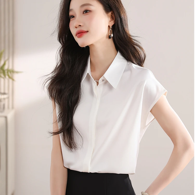 【清爽简约】设计感通勤无袖衬衫女夏季柔顺亲肤丝缎面百搭气质上衣