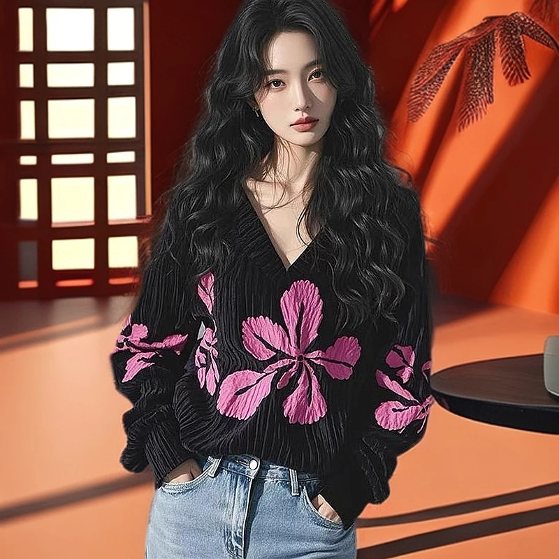 韩系v领印花宽松针织衫上衣女2025年春秋季新款高级感百搭毛衣潮