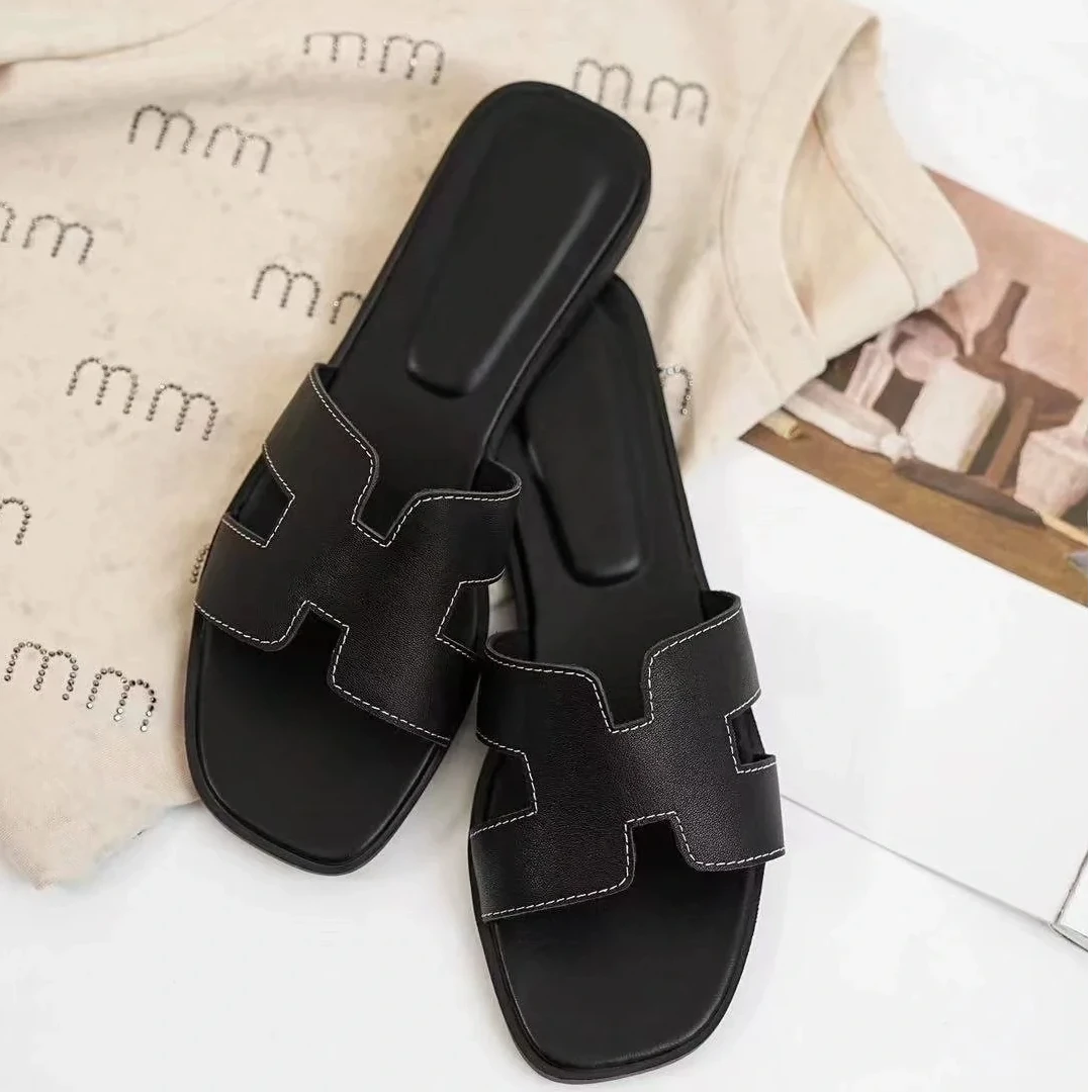 未使用 Hermes/爱马仕 【念念专属】Oran H 拖鞋 黑色 皮革C 37码