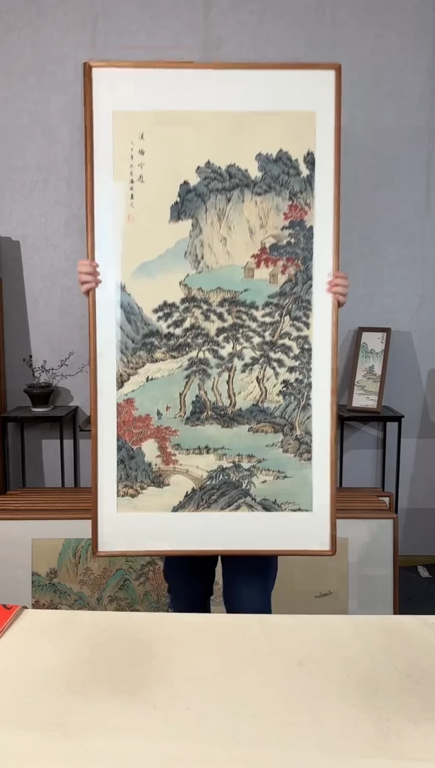 国画手绘*溪桥吟游*62*122cm*原木色木框