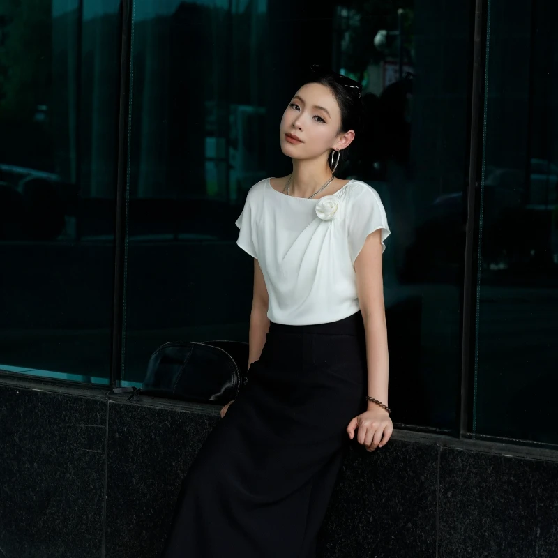 POPULARYW【栀晓】Z·R上品屋 法式优雅知性立体花不规则圆领衬衣