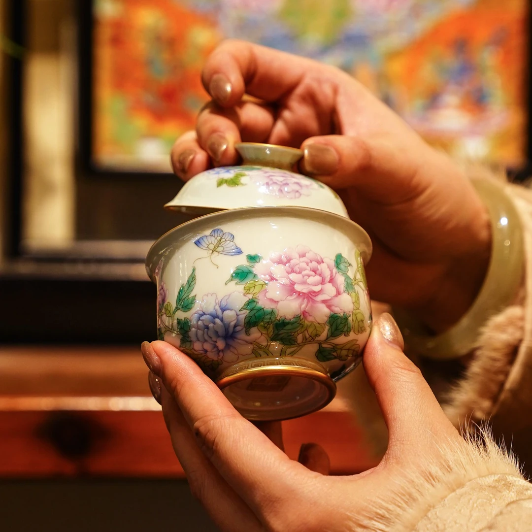 灵玺贡坊   白地花卉盖碗   茶具中式茶道手绘茶杯喝茶饮茶银