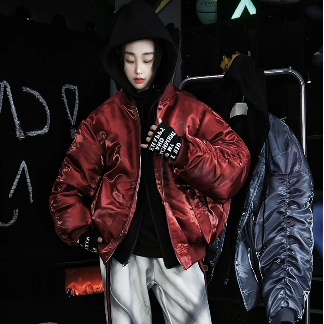 新款【液态金属棉服】国潮牌亮面假两件保暖连帽夹克高街痞帅情侣