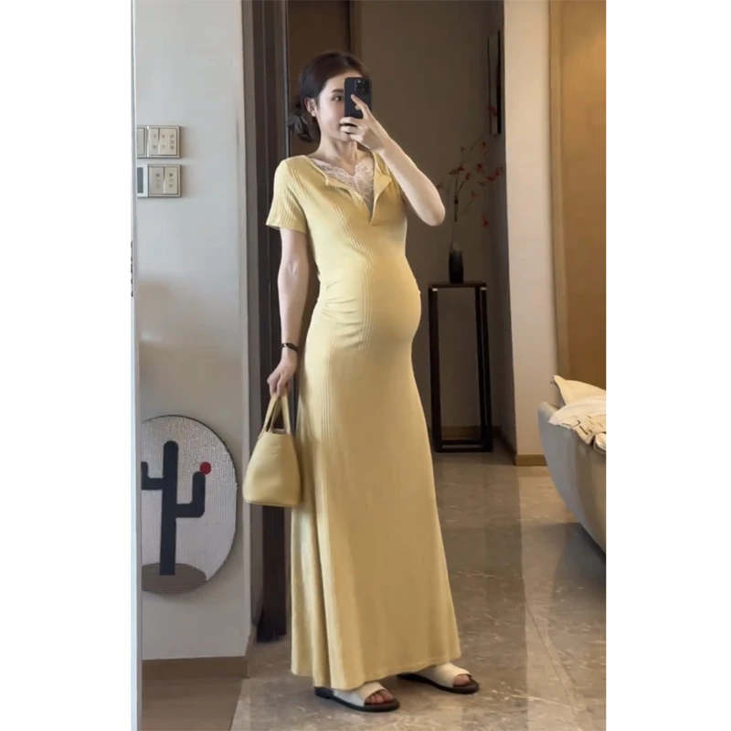 孕妇装2025夏新款韩版修身蕾丝拼接长款显瘦坑条连衣裙