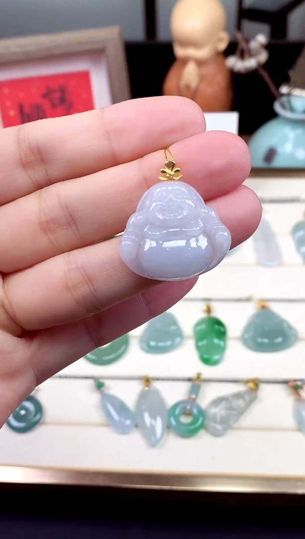 吊坠(不含链)18K金镶嵌翡翠佛公18K金扣镶嵌@@CMT1456-5