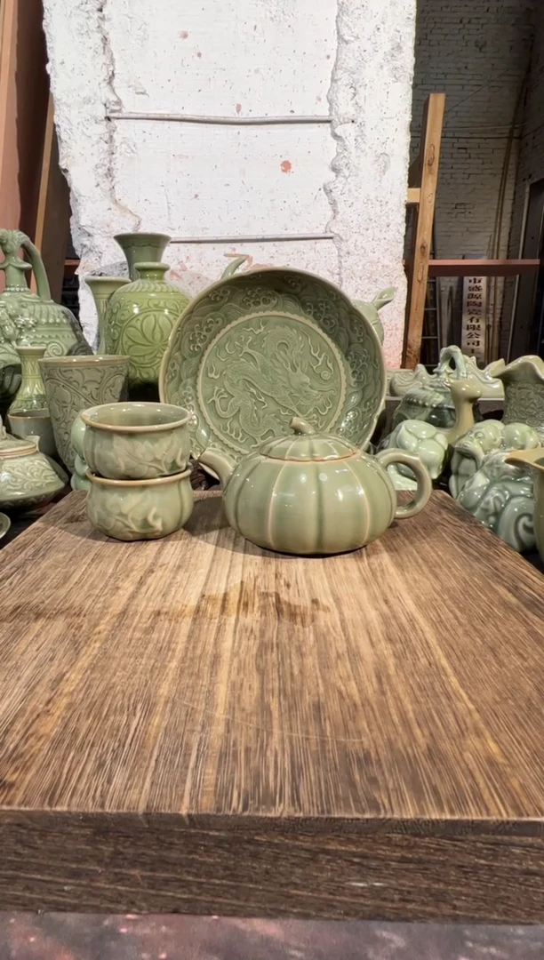 微瑕耀州窑南瓜壶+南瓜小杯2