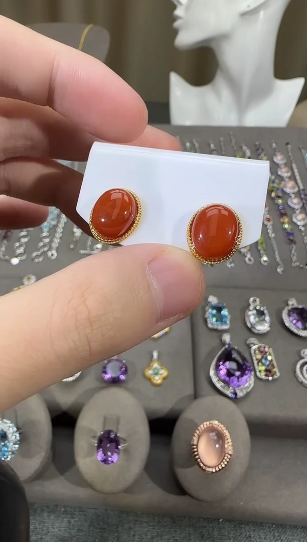 银S925镶嵌南红玛瑙耳饰9*12mm耳钉简约款