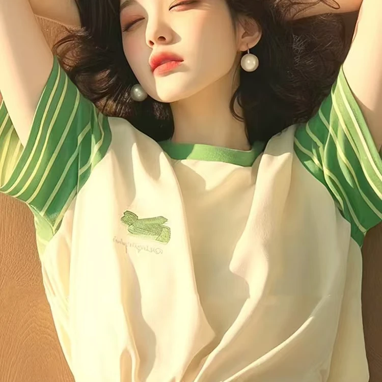 2025夏季新款多巴胺撞色条纹短袖T恤女宽松独特超好看漂亮上衣潮