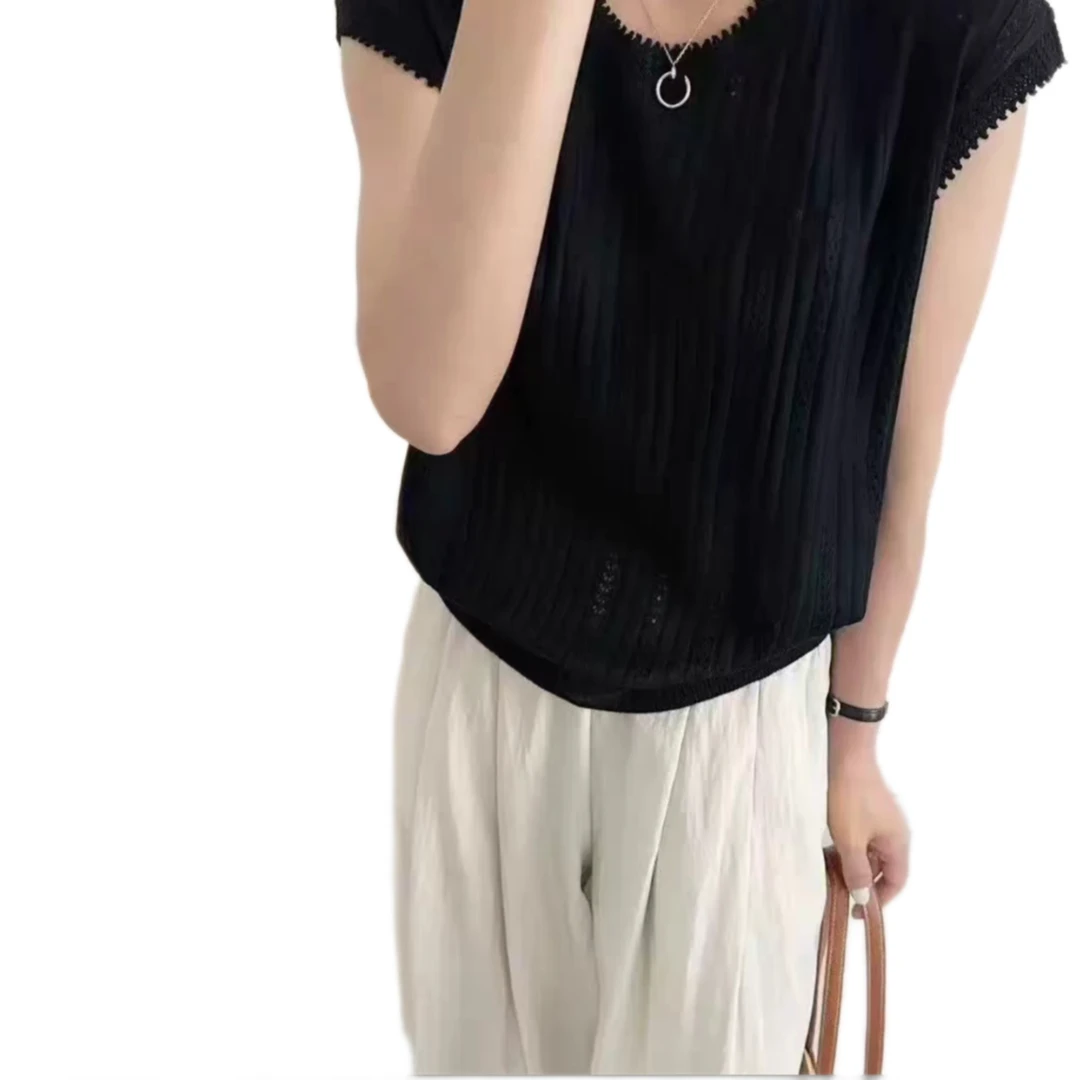 H双曲花边坎时尚百搭针织上衣