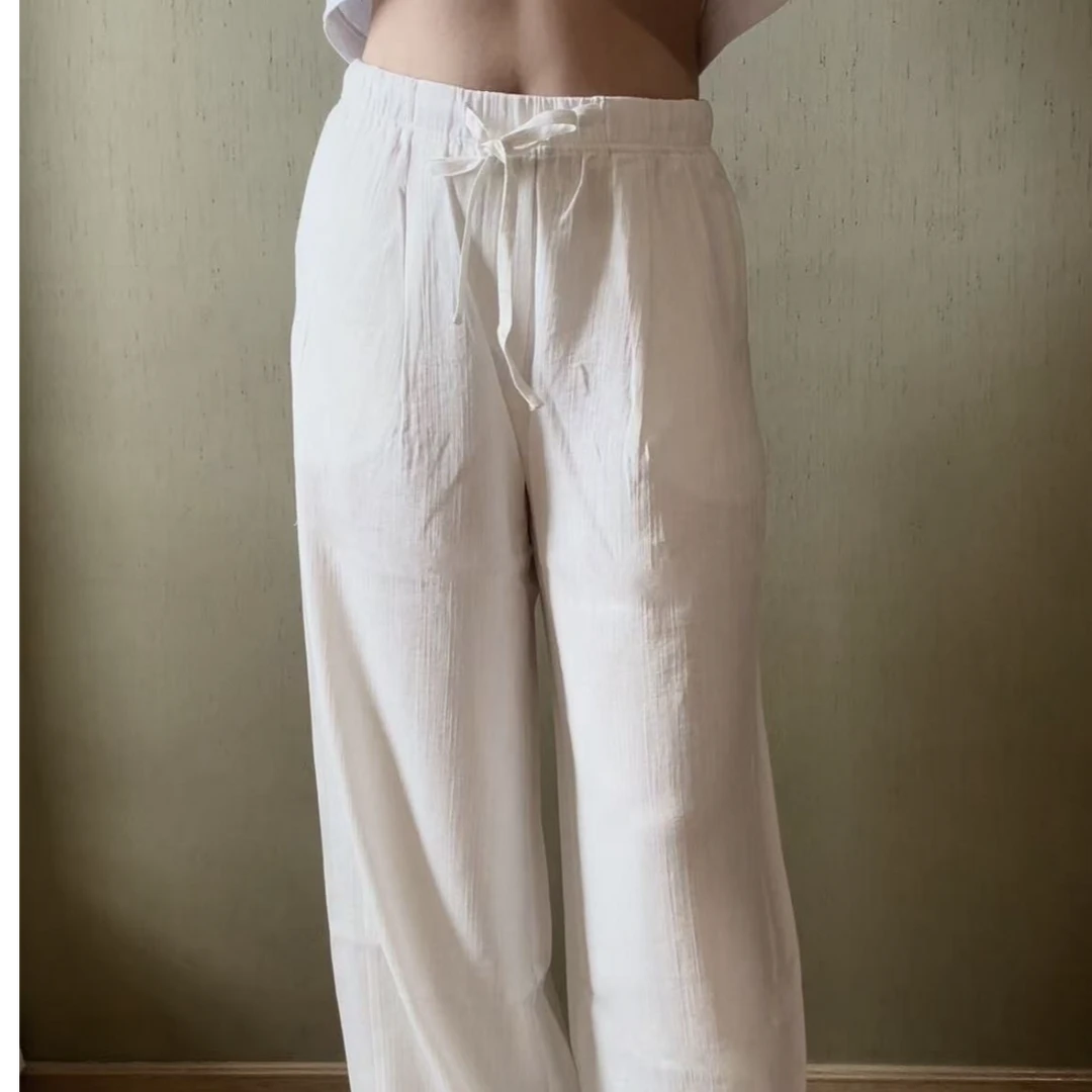 夏季含麻休闲透气直筒裤