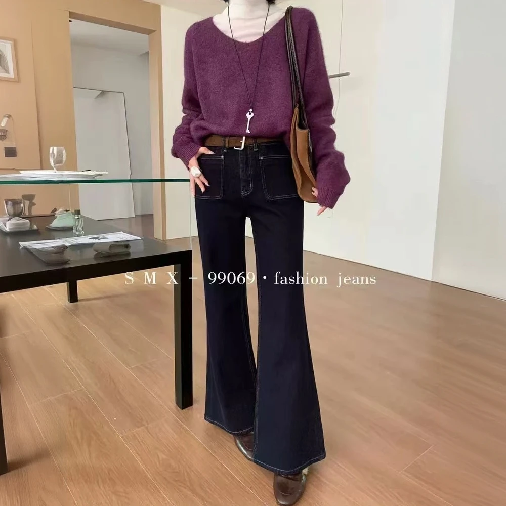 SM家韩式筒喇牛仔裤女秋冬加厚植绒99069深蓝四面弹不贴腿喇叭裤
