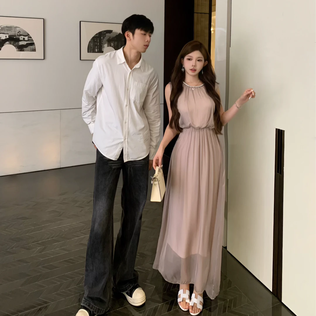 香槟粉无袖连衣裙夏季新款小众设计感钉珠气质长裙