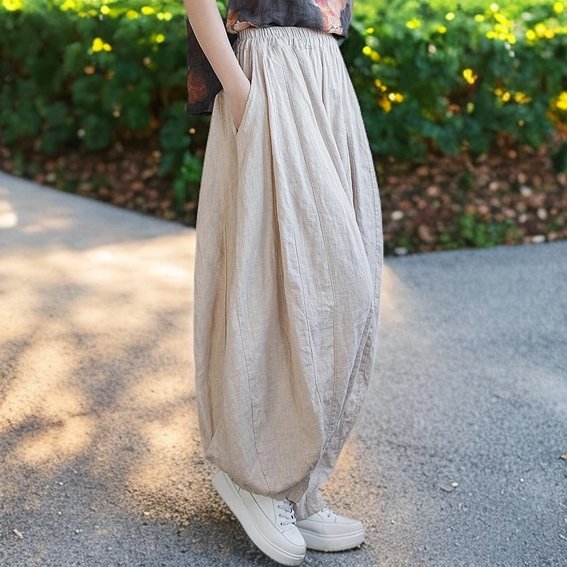 苎麻棉砂洗做旧32片拼接南瓜裤25春夏棉麻女装新款女式灯笼裤长裤