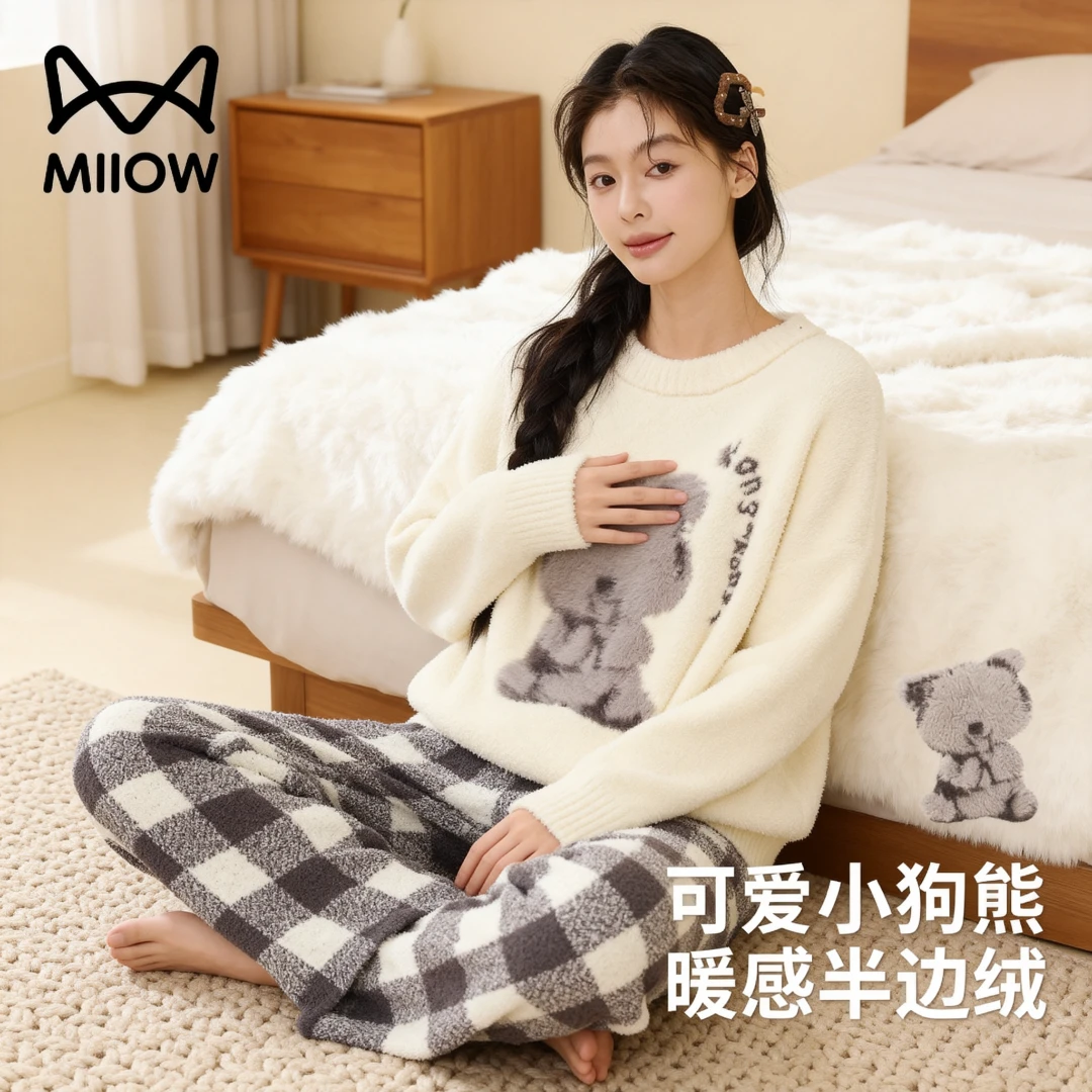 猫人半边绒睡衣女款秋冬季2025新款加绒加厚珊瑚绒套头居家服套装