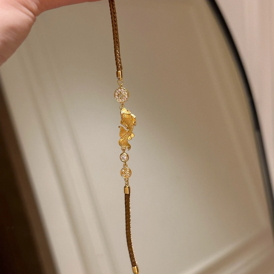铜合金手链 新中式金色拉丝锦鲤钱币手链复古轻奢高级感精致手饰