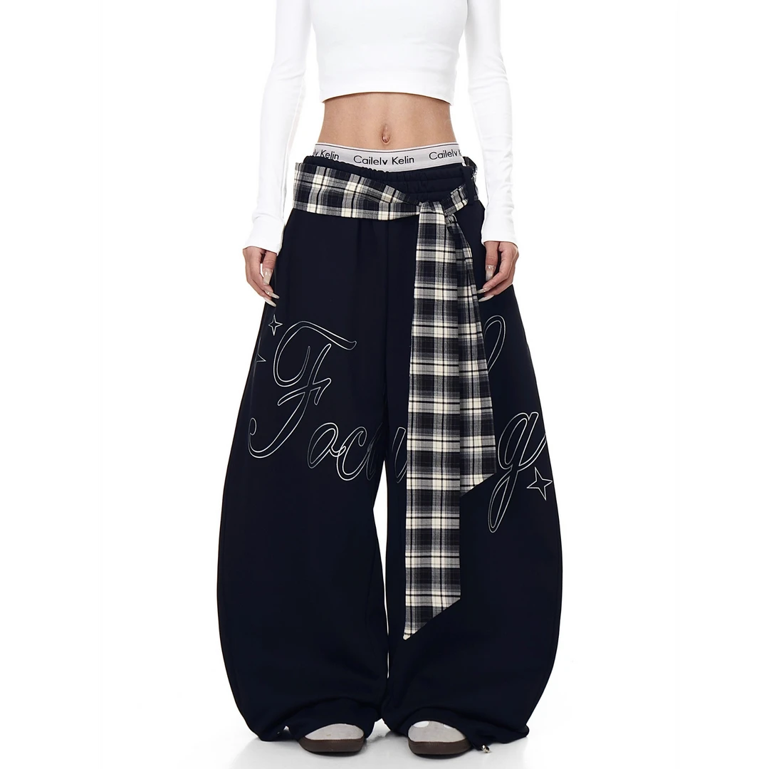 美式字母印花格子绑带弯刀卫裤男女爵士舞宽松阔腿裤潮