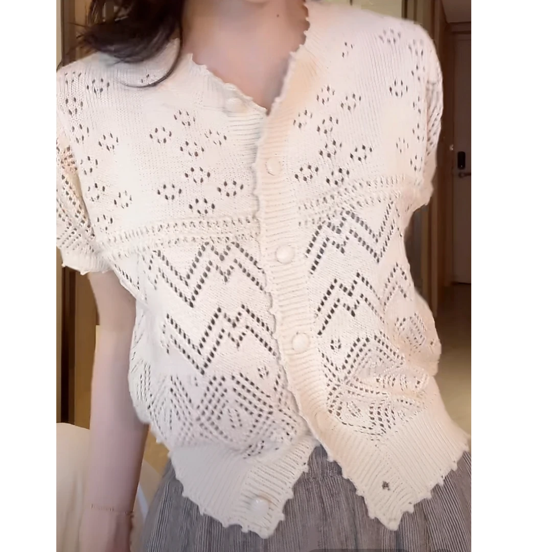 设计感短袖镂空针织开衫女2025新款春夏时尚百搭气质复古圆领上衣