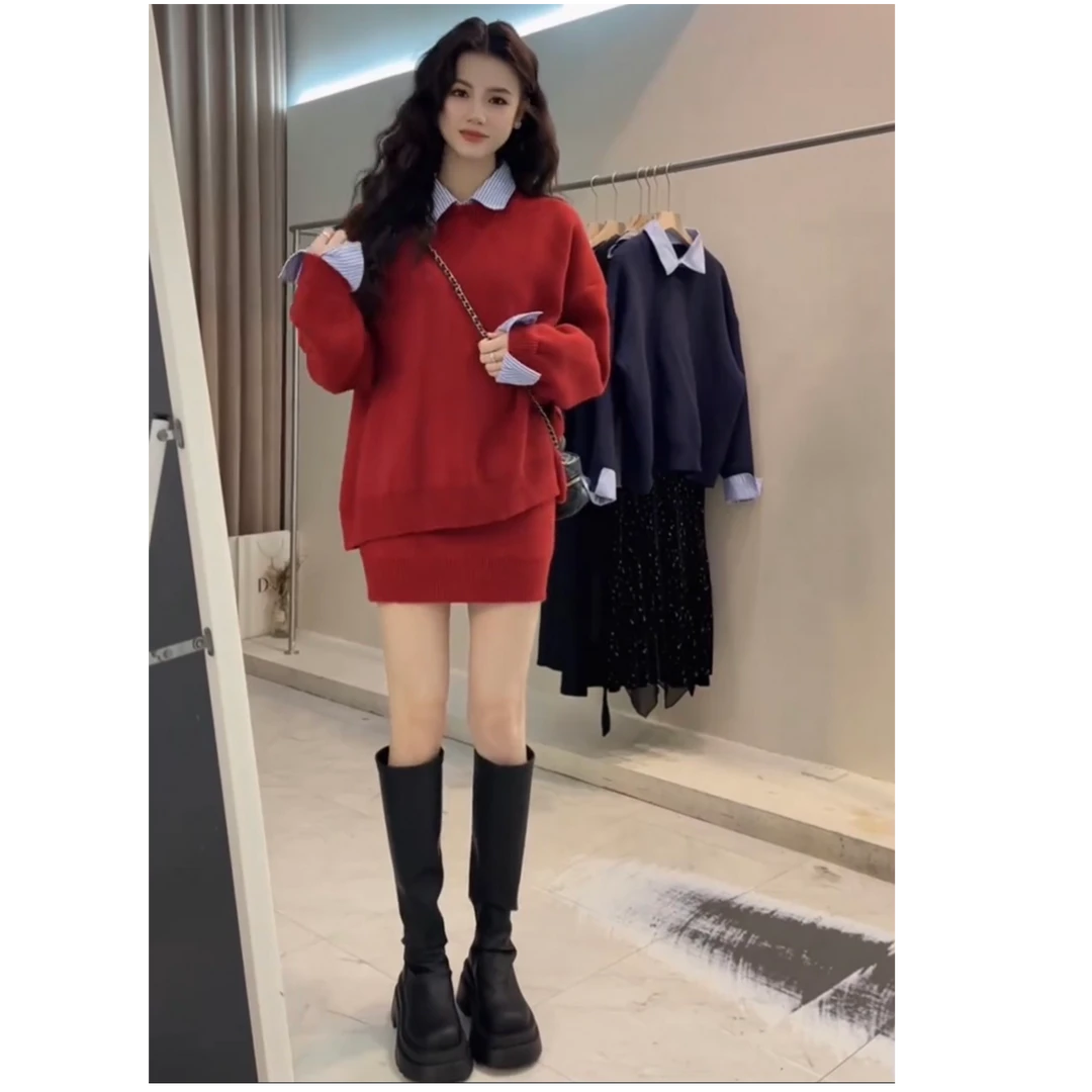 2025新款时尚洋气气质百搭新年套装针织减龄韩版显瘦衬衫领套装