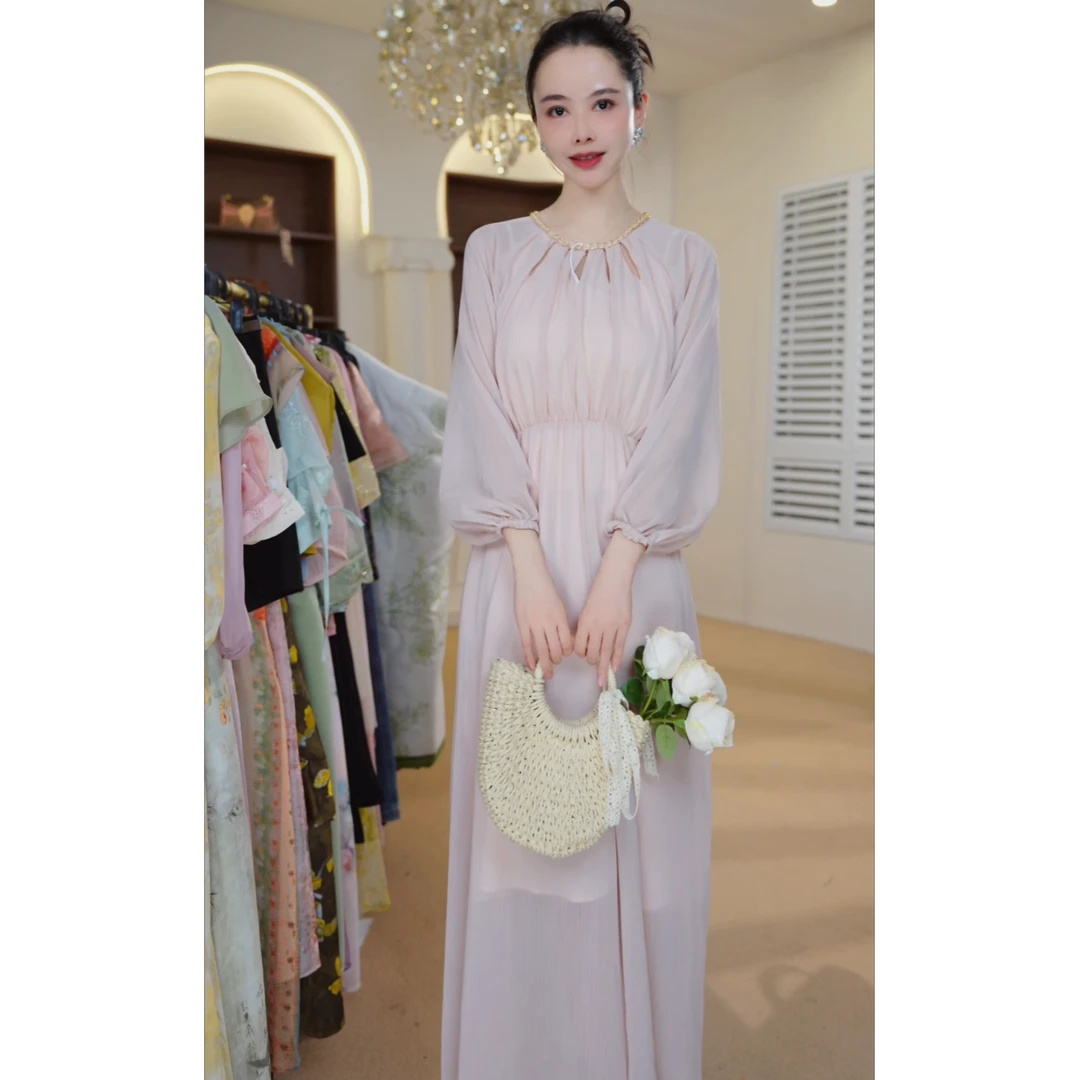 （赠送运费险）法式甜美粉色公主连衣裙2025新款长裙子女装A5171