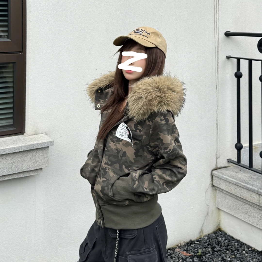 美式可拆卸毛领迷彩连帽外套女2025秋冬新款显瘦拉链短款开衫夹克