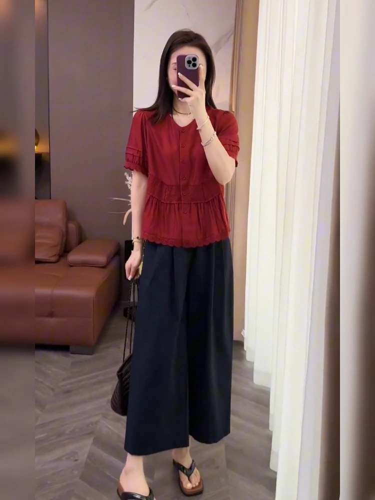 今年流行爆款薄上衣超好看独特漂亮法式红色衬衫女士夏季2025新款