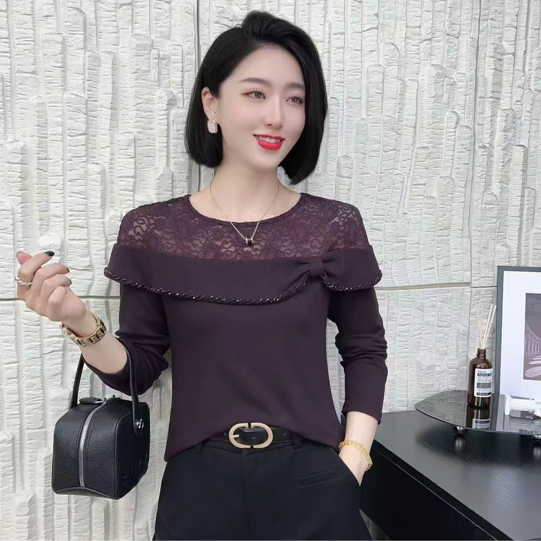 【韩紫朵 】2025新品气质圆领蕾丝拼接洋气时尚长袖修身显瘦9010