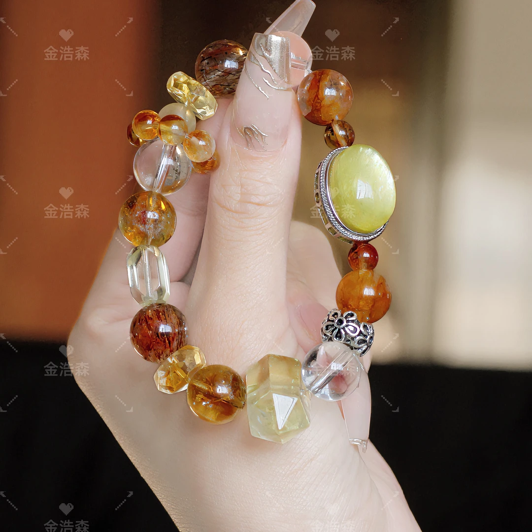 【金浩森】【富一代】黄塔晶+黑金超七+黄胶花白水晶手链配证书礼盒装