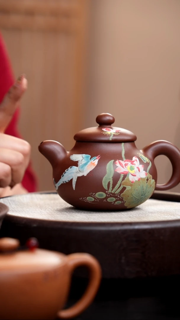 【闪购商品】紫砂茶壶 底槽清道洪福珠泥绘荷鸟