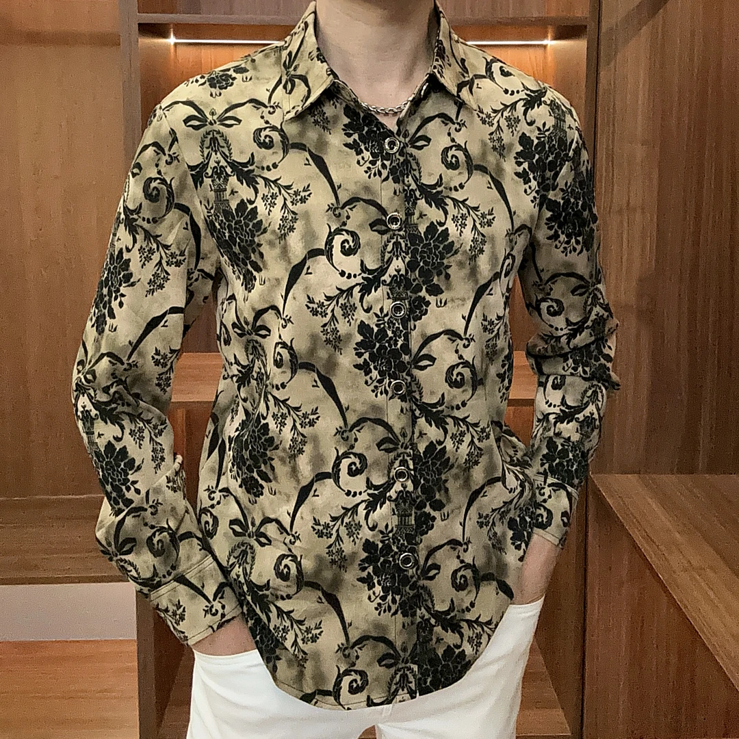 秋季新款帅气男士衬衫时尚痞帅休闲潮流长袖衬衣复古男韩版个性