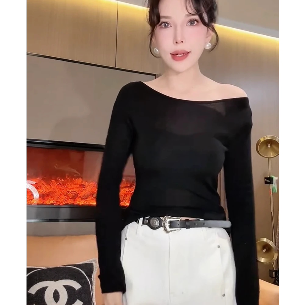 法式针织一字斜肩上衣女纯欲辣妹修身短款性感内搭打底T恤