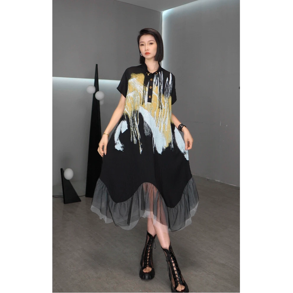 鑫鑫原创2025夏季新款时尚拼接网纱盘扣设计中长款显瘦连衣裙7788